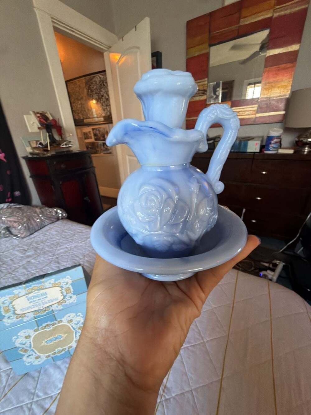 Vintage 1978 Avon Victoriana Blue Slag Milk Glass Pitcher and Bowl Set